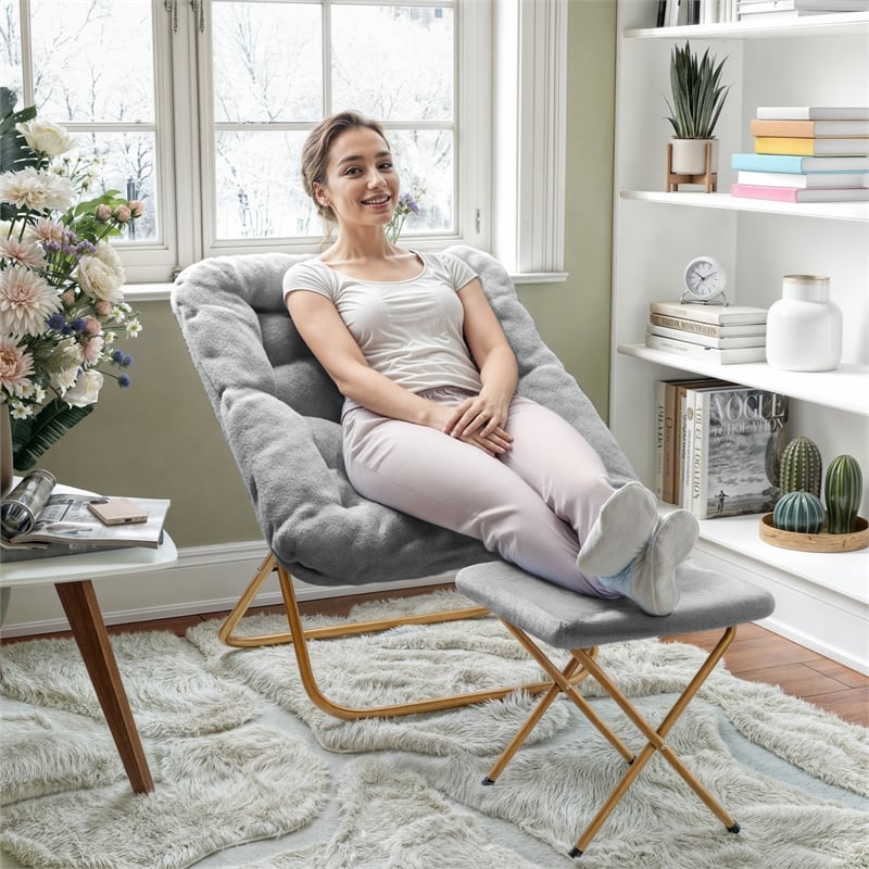 Pemberly Row Oversized Folding Faux Fur Saucer Chair with Ottoman in Gray/Gold