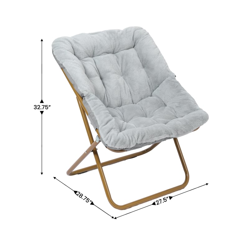 Pemberly Row Oversized Folding Faux Fur Saucer Chair with Ottoman in Gray/Gold