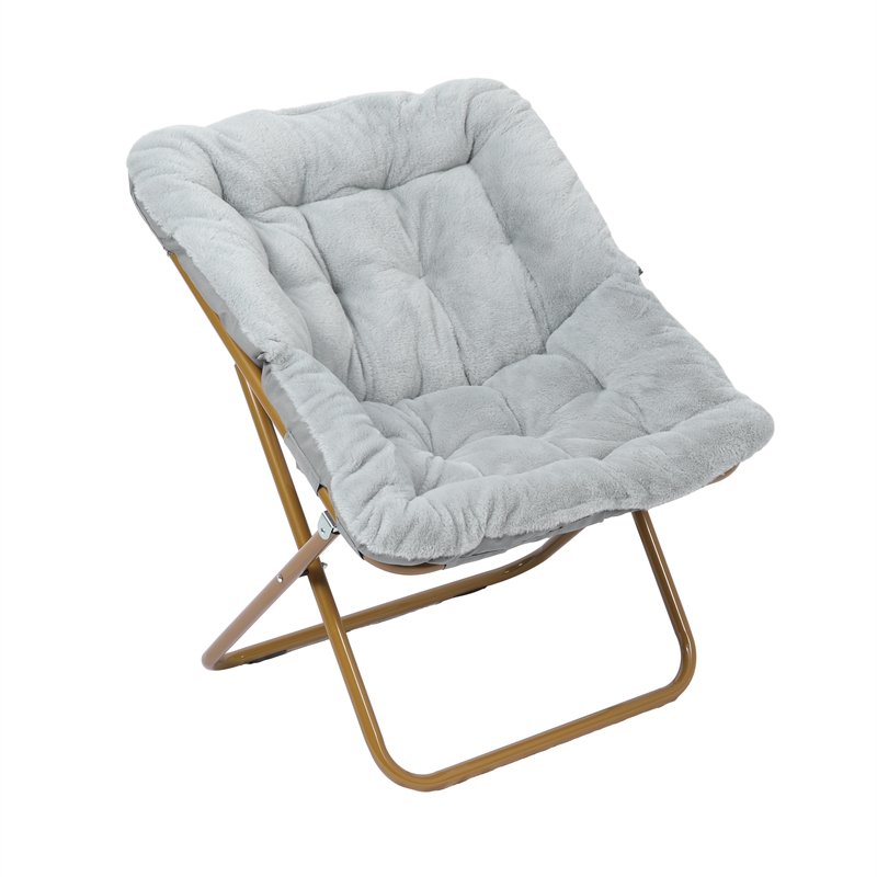 Pemberly Row Oversized Folding Faux Fur Saucer Chair with Ottoman in Gray/Gold