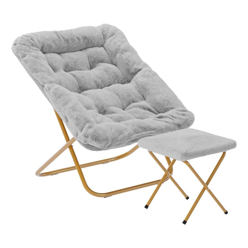 Pemberly Row Oversized Folding Faux Fur Saucer Chair with Ottoman in Gray/Gold