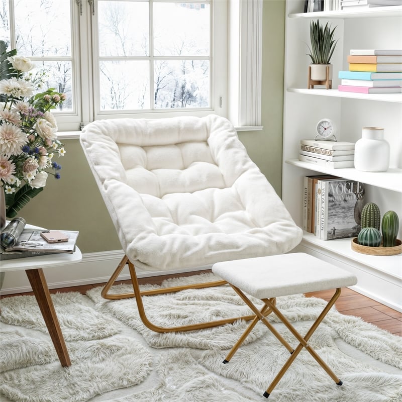Pemberly Row Folding Faux Shearling Saucer Chair with Ottoman in Ivory/Gold