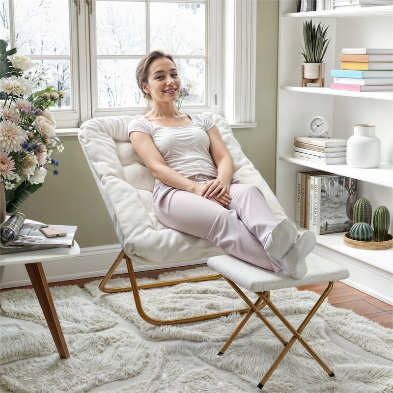 Pemberly Row Folding Faux Shearling Saucer Chair with Ottoman in Ivory/Gold