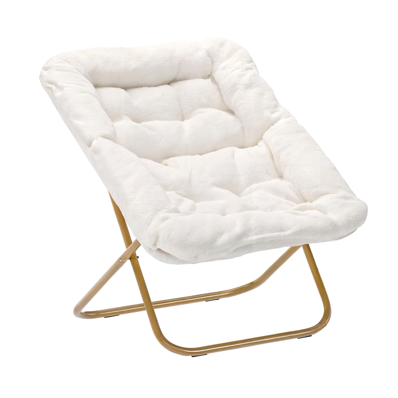 Pemberly Row Folding Faux Shearling Saucer Chair with Ottoman in Ivory/Gold