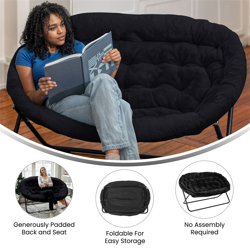 Pemberly Row Folding Faux Fur Double Saucer Chair with Steel Frame in Black