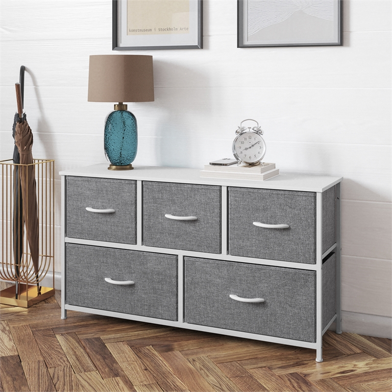 Pemberly Row 5 Drawer Dresser with White Wood Top and White Iron Frame