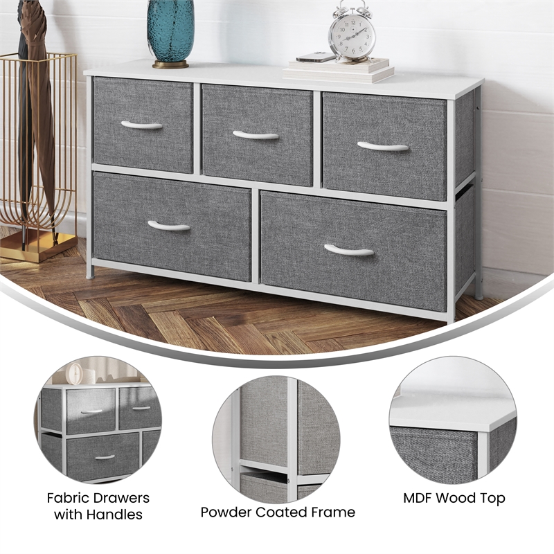 Pemberly Row 5 Drawer Dresser with White Wood Top and White Iron Frame