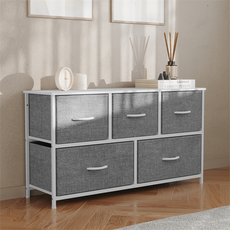 Pemberly Row 5 Drawer Dresser with White Wood Top and White Iron Frame