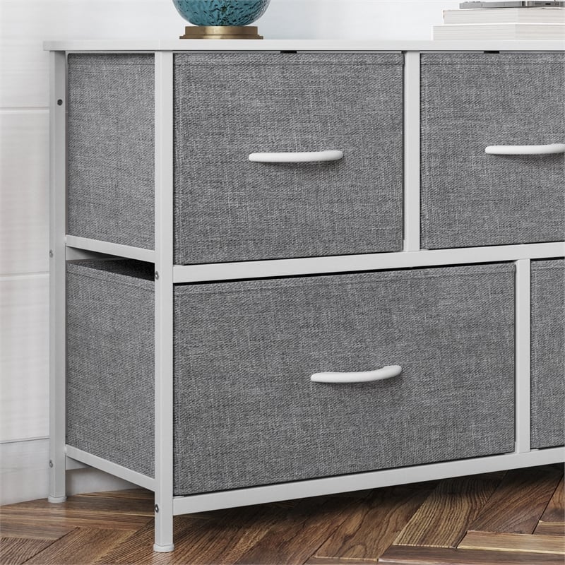 Pemberly Row 5 Drawer Dresser with White Wood Top and White Iron Frame