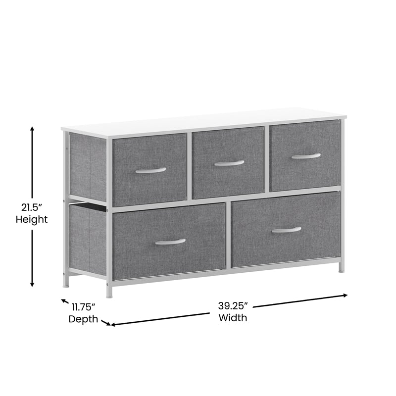 Pemberly Row 5 Drawer Dresser with White Wood Top and White Iron Frame