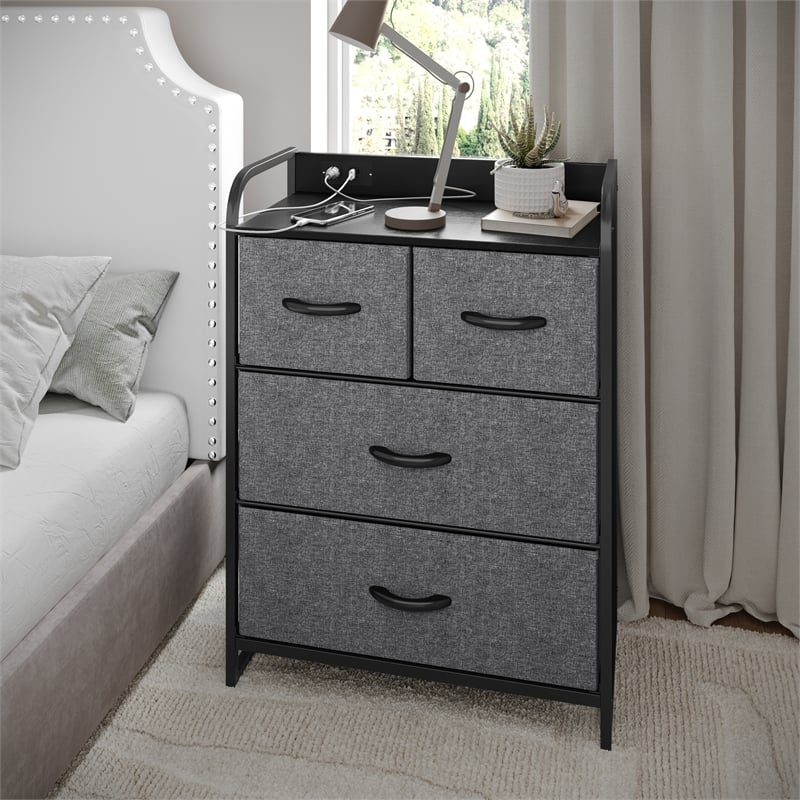 Pemberly Row 4 Drawer Nightstand with USB & Outlet Charging Station in Charc/Bk