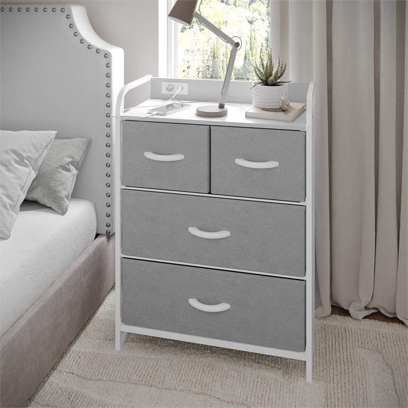 Pemberly Row 4 Drawer Nightstand with USB & Outlet Charging Station in Gray/Wht