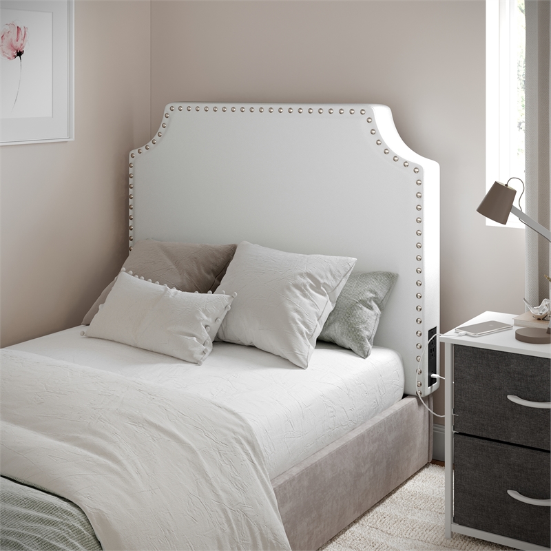Pemberly Row Contoured Twin Headboard with 2 Power Outlets & USB Ports in White