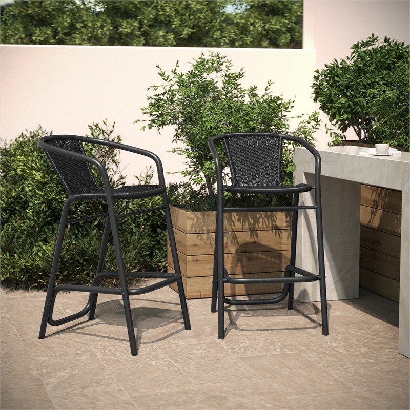 Pemberly Row Indoor/Outdoor Rattan Restaurant Barstool in Black/Black - Set of 2