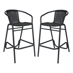 Pemberly Row Indoor/Outdoor Rattan Restaurant Barstool in Black/Black - Set of 2
