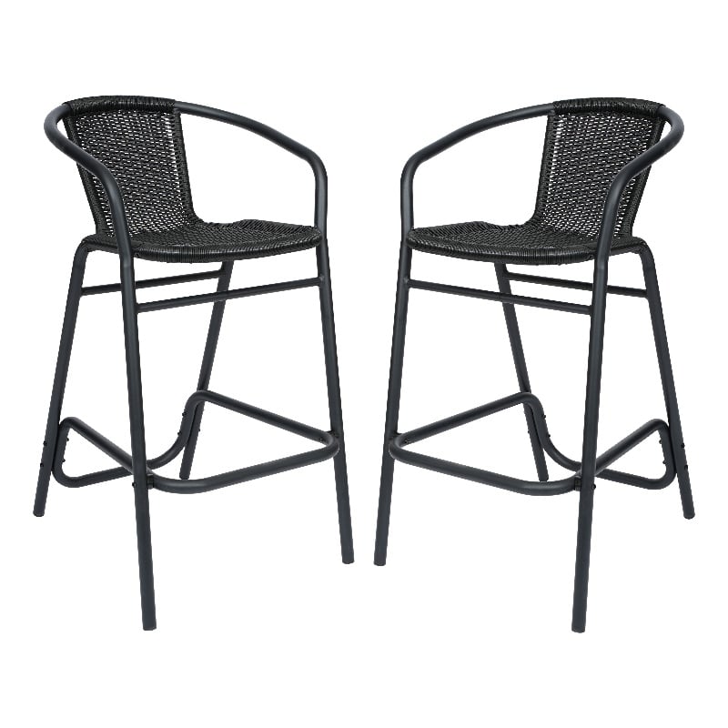 Pemberly Row Indoor/Outdoor Rattan Restaurant Barstool in Black/Black - Set of 2