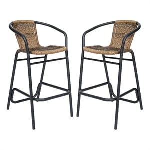 Pemberly Row Rattan Restaurant Barstool in Medium Brown/Black Set of 2