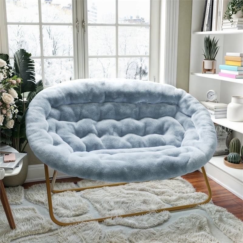 Pemberly Row Folding Faux Fur Double Saucer Chair with Steel Frame in Aqua/Gold