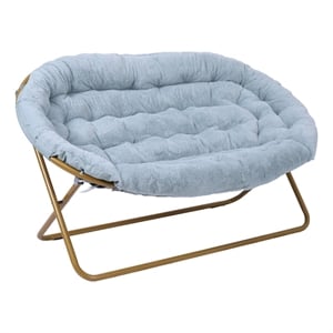Pemberly Row Folding Faux Fur Double Saucer Chair with Steel Frame in Aqua/Gold