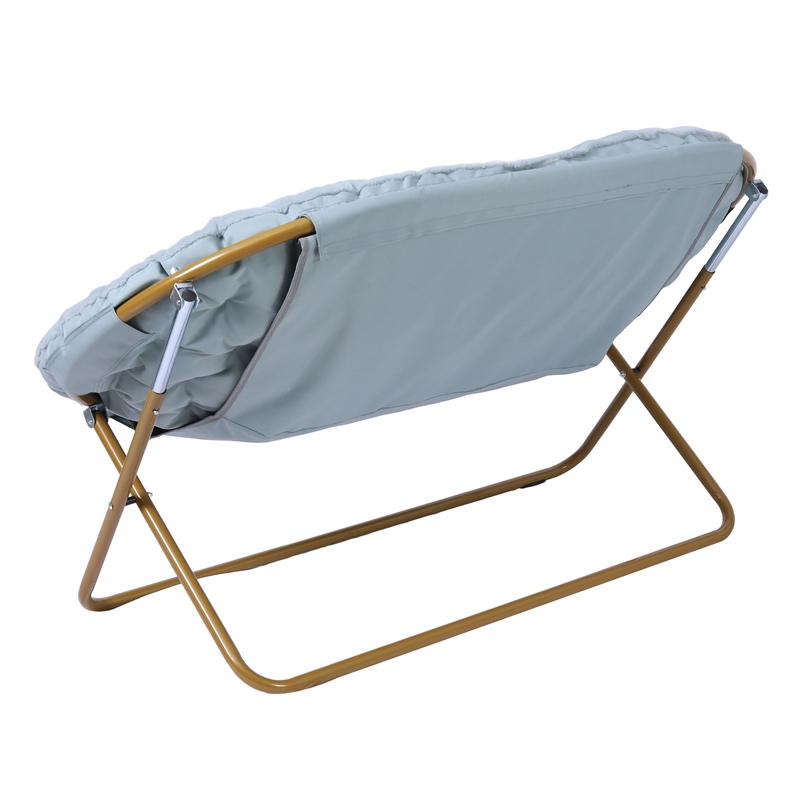 Pemberly Row Folding Faux Fur Double Saucer Chair with Steel Frame in Aqua/Gold