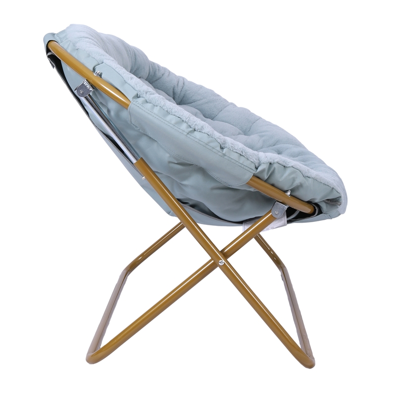 Pemberly Row Folding Faux Fur Double Saucer Chair with Steel Frame in Aqua/Gold
