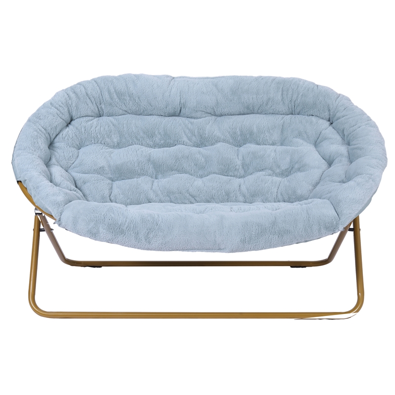 Pemberly Row Folding Faux Fur Double Saucer Chair with Steel Frame in Aqua/Gold