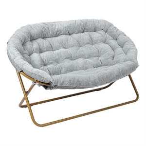 Pemberly Row Folding Faux Fur Double Saucer Chair with Frame in Gray/Soft Gold