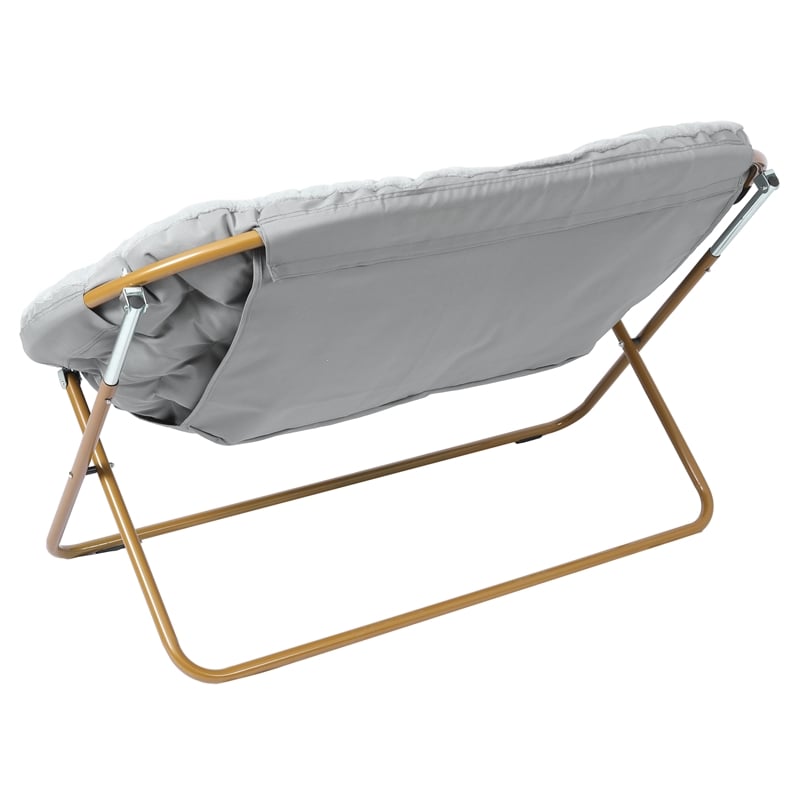 Pemberly Row Folding Faux Fur Double Saucer Chair with Frame in Gray/Soft Gold
