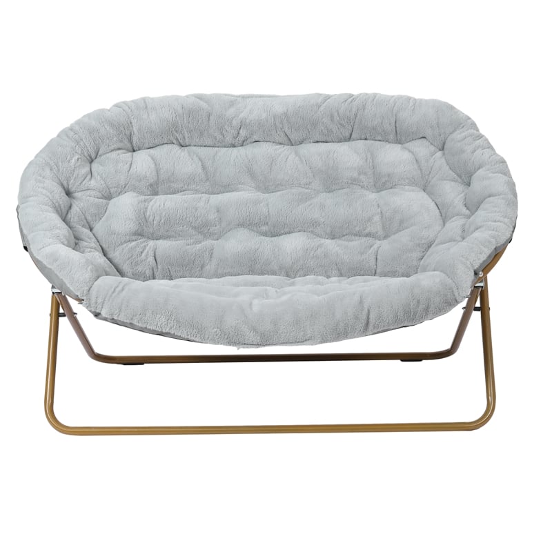 Pemberly Row Folding Faux Fur Double Saucer Chair with Frame in Gray/Soft Gold