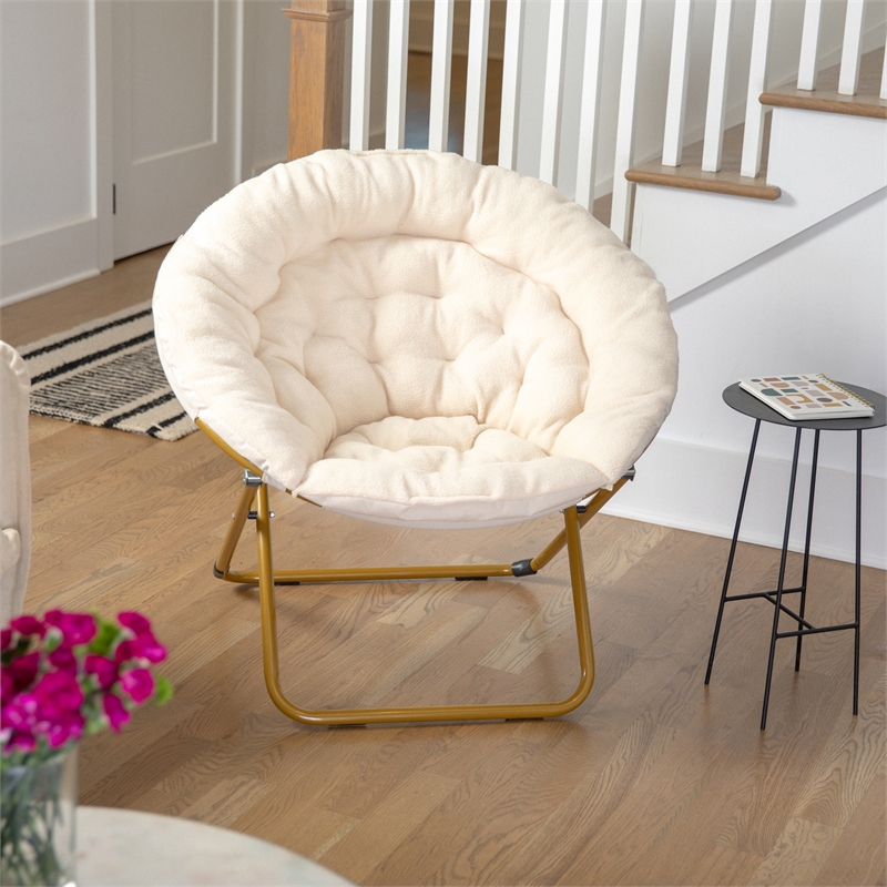 Pemberly Row Folding XL Faux Fur Saucer Chair for Dorm in Ivory/Soft Gold