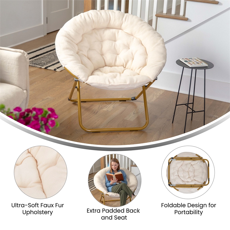 Pemberly Row Folding XL Faux Fur Saucer Chair for Dorm in Ivory/Soft Gold