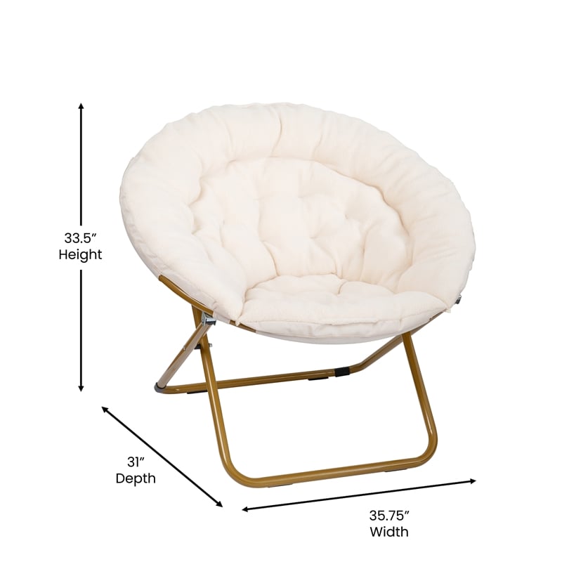 Pemberly Row Folding XL Faux Fur Saucer Chair for Dorm in Ivory/Soft Gold