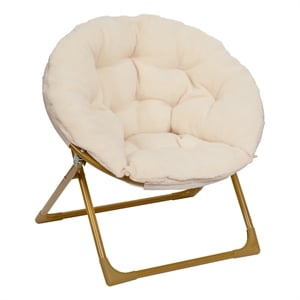 Pemberly Row Kids 23&quot Folding Faux Fur Saucer Chair for Playroom in Ivory/Gold