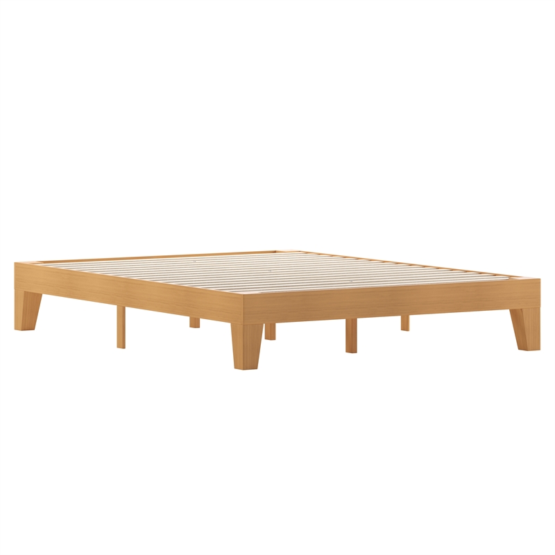 Pemberly Row Wood Platform Queen Bed with 14 Support Slats in Natural Pine