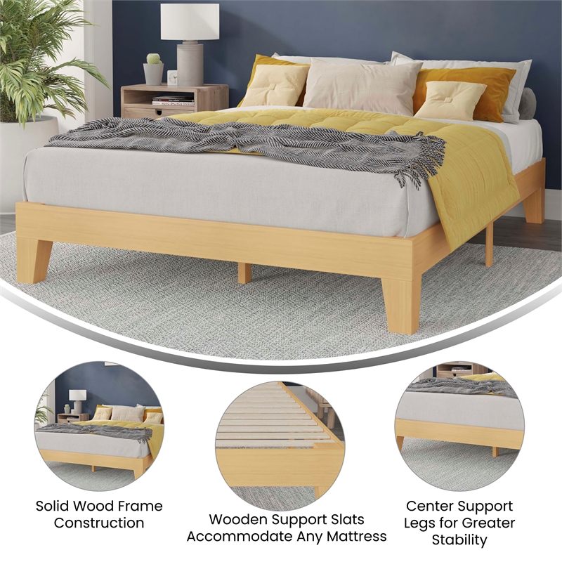 Pemberly Row Wood Platform Queen Bed with 14 Support Slats in Natural Pine