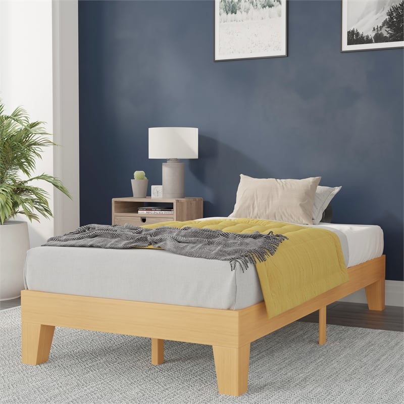 Pemberly Row Wood Platform Twin Bed with 14 Support Slats in Natural Pine