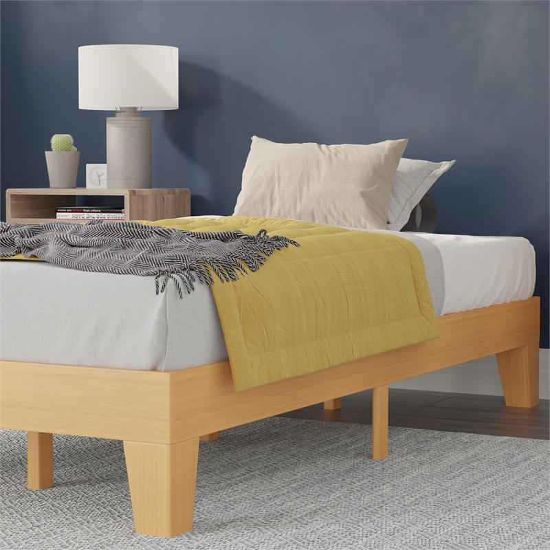 Pemberly Row Wood Platform Twin Bed with 14 Support Slats in Natural Pine