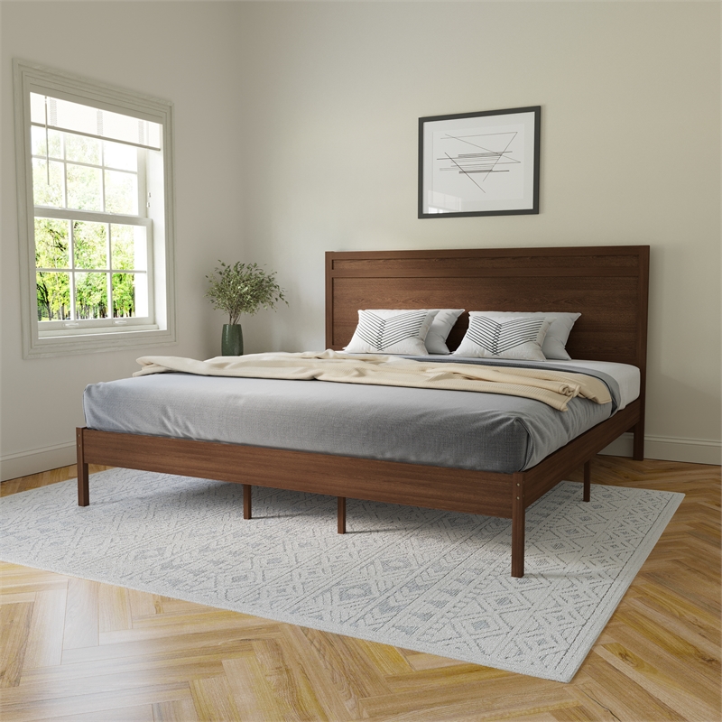 Pemberly Row Solid Wood King Platform Bed with Headboard and Slats in Brown