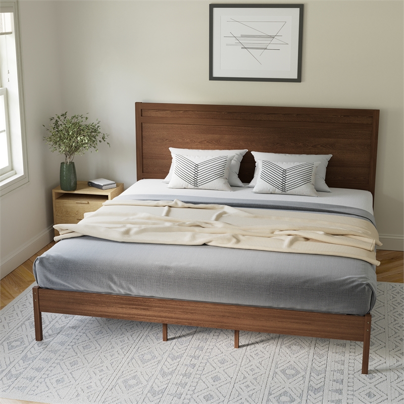 Pemberly Row Solid Wood King Platform Bed with Headboard and Slats in Brown
