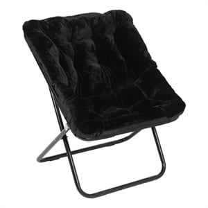 Pemberly Row Folding Faux Fur Oversized Saucer Chair with Steel Frame in Black