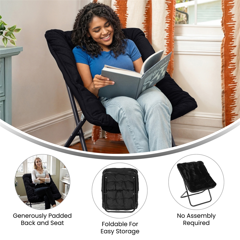 Pemberly Row Folding Faux Fur Oversized Saucer Chair with Steel Frame in Black