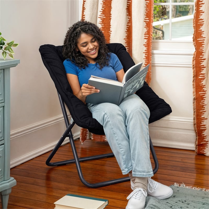 Pemberly Row Folding Faux Fur Oversized Saucer Chair with Steel Frame in Black