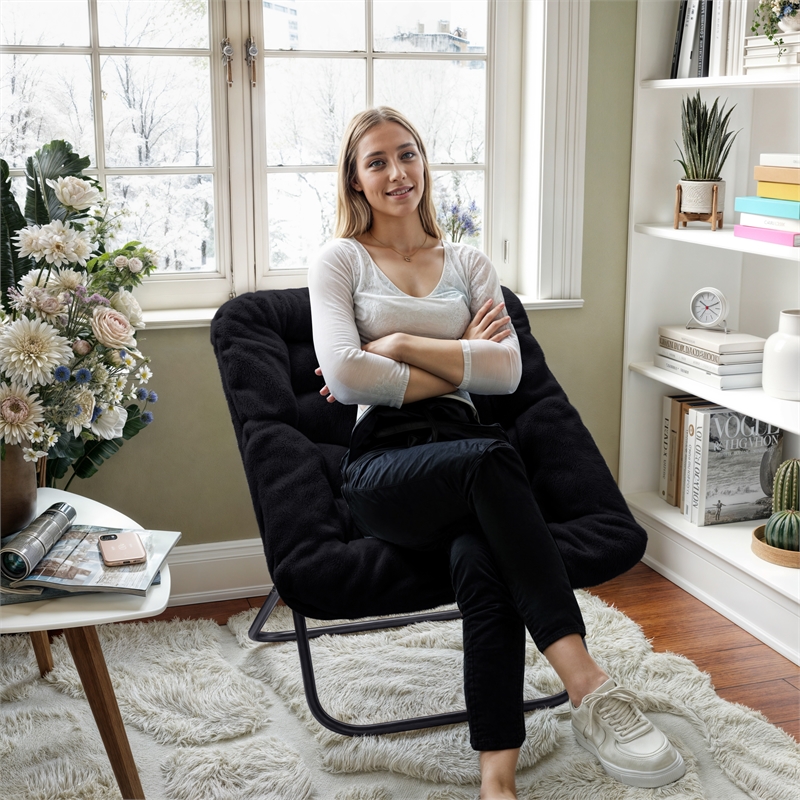 Pemberly Row Folding Faux Fur Oversized Saucer Chair with Steel Frame in Black