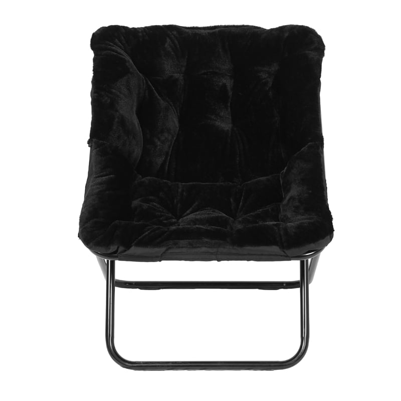 Pemberly Row Folding Faux Fur Oversized Saucer Chair with Steel Frame in Black