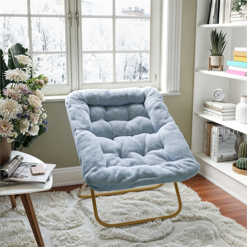Pemberly Row Folding Faux Fur Oversized Saucer Chair with Frame in Aqua/Gold