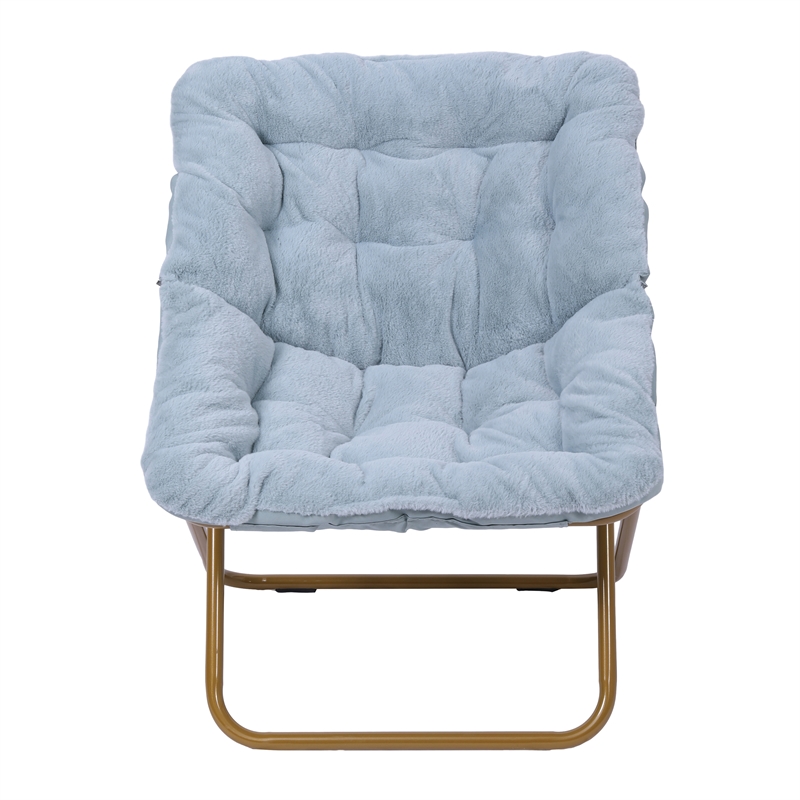 Pemberly Row Folding Faux Fur Oversized Saucer Chair with Frame in Aqua/Gold