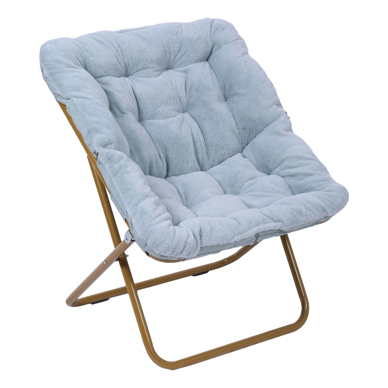 Pemberly Row Folding Faux Fur Oversized Saucer Chair with Frame in Aqua/Gold