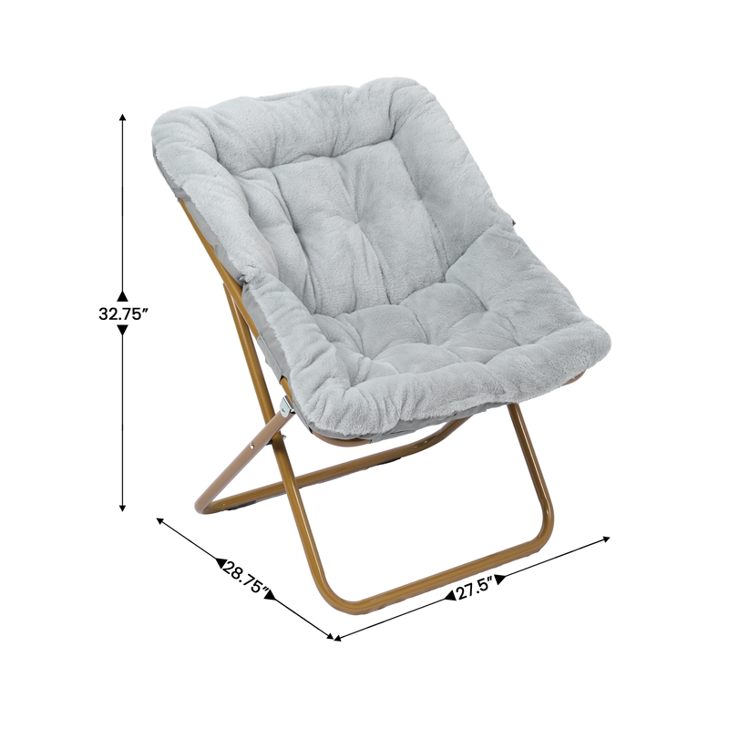 Pemberly Row Folding Faux Fur Oversized Saucer Chair with Frame in Gray/Gold