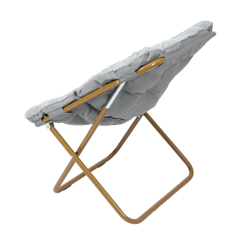 Pemberly Row Folding Faux Fur Oversized Saucer Chair with Frame in Gray/Gold