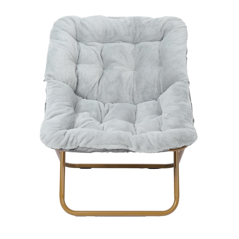 Pemberly Row Folding Faux Fur Oversized Saucer Chair with Frame in Gray/Gold