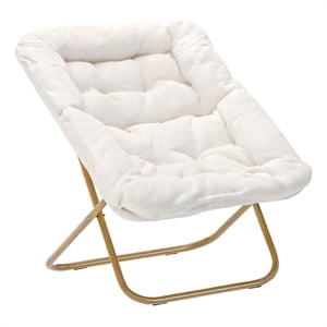 Pemberly Row Folding Faux Shearling Oversized Saucer Chair with Frame in Ivory